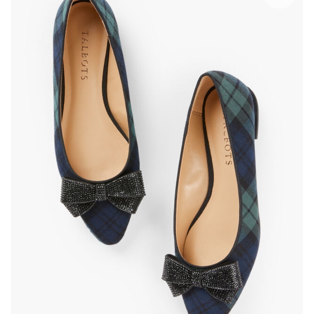 Talbots Edison Blue and Green Plaid Loafers with Bow Accent